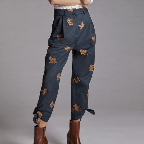 Anthropologie Beatrice Appliqué Jacquard Tapered Pants Black Ties NEW Size 4
